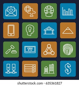 Business icons set. set of 16 business outline icons such as home, connection, wooden wall, pyramid, globe and plane, love letter, phone, building, keyhole in head, user globe