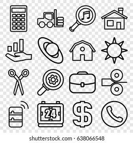 Business icons set. set of 16 business outline icons such as forklift, barn, house building, barber scissors, serach music, calculator, dollar, graph on hand, hotel, server
