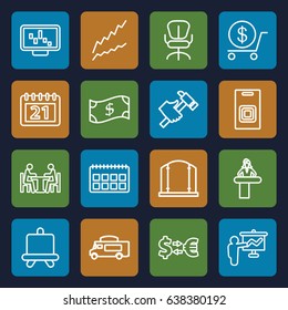 Business icons set. set of 16 business outline icons such as airport desk, board, gate, dollar, office chair, hummer, van, calendar, meeting, door bell, crown, money exchange