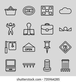 Business icons set. set of 16 business outline icons such as pin, plowing tool, case, paper clamp, arrow up, cloud, photo, building, restaurant, open plate, clock, bodybuilder