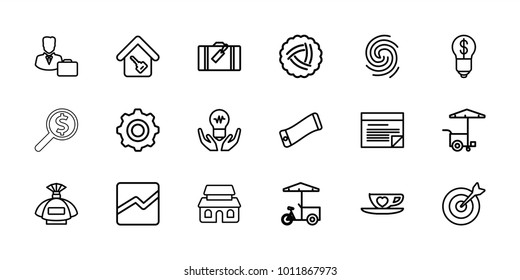 Business icons. set of 18 editable outline business icons: nest, luggage, perfume, fast food cart, wavy phone, cup with heart, bulb in hand, line chart, house building
