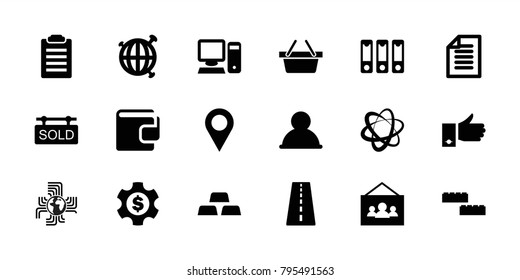 Business icons. set of 18 editable filled business icons: runway, location, user, building block, check list, network connection, binder, paper, photo, sold tag, pc