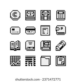 Business icons set 1bit money, trading, converter, currency symbols pixel art 80s style. Bitcoin sign icon for internet money. Bullion and dollar sign. Currency symbol. Isolated vector illustration.