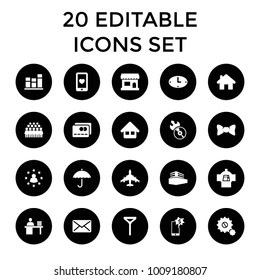 Business icons. set of 20 editable filled business icons such as tie, group, heart mobile, store, disc flame, home. best quality business elements in trendy style.