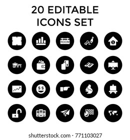 Business icons. set of 20 editable filled business icons such as squirrel, board, clock, wallet, creadit card payment, graph, world map, dollar smiley, gold, server