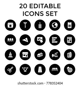 Business icons. set of 20 editable filled business icons such as runway, crane, family structure, news, paper plane, statistic. best quality business elements in trendy style.