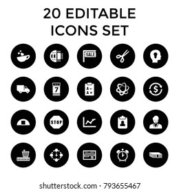Business icons. set of 20 editable filled business icons such as airport, money, scissors, chart, money exchange, clipboard. best quality business elements in trendy style.