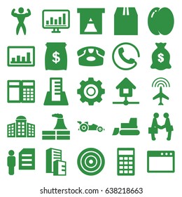 Business icons set. set of 25 business filled icons such as peach, plane, call, building   isolated  sign symbol, building, factory, desk phone, money sack, tractor, graph