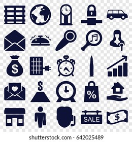 Business icons set. set of 25 business filled icons such as alarm, money sack, home care, clock, cargo box, love letter, woman speaker, envelope, serach music, sale tag, bell