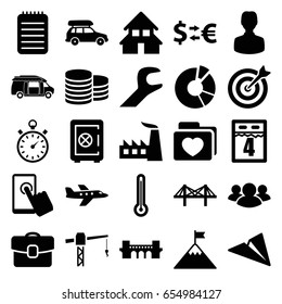 Business icons set. set of 25 business filled icons such as bridge, coin, safe, factory, pie chart, construction crane, van, folder with heart, group, notebook, wrench
