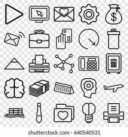 Business icons set. set of 25 business outline icons such as trash bin, pyramid, money sack, plane, gear in head, brain, cargo ship, safe, connection, folder with heart