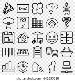 Business icons set. set of 25 business outline icons such as taxi, luggage storage, business center, tie, fast food cart, bar code, clipboard, stapler, arrow up, home