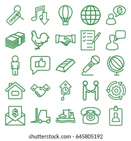 Business icons set. set of 25 business outline icons such as chicken, chatting man, tractor, cargo tag, cargo ship, check list, microphone, clipboard, desk phone, handshake