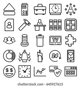 Business icons set. set of 25 business outline icons such as trash bin, window, puzzle, binder, toolbox, hummer, heartbeat on phone, group, eject button