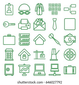 Business icons set. set of 25 business outline icons such as building, house building, printer, love letter, stop, clipboard, case, structure, jacket, lock home