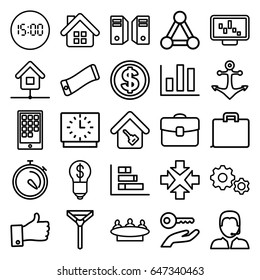Business icons set. set of 25 business outline icons such as connection, tie, group, stopwatch, support, thumb up, home key, home, case, calendar on phone, anchor, server