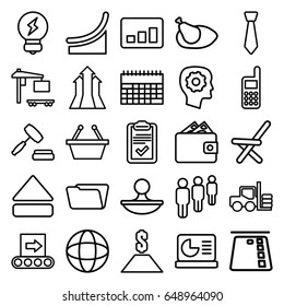 Business icons set. set of 25 business outline icons such as forklift, gear in head, folder, outdoor chair, cargo truck, clipboard, eject button, stamp, phone, chicken