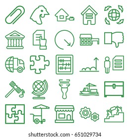Business icons set. set of 25 business outline icons such as chicken, building, hammer, globe, chest, pointing on document, abacus, puzzle, fast food cart, cargo ship