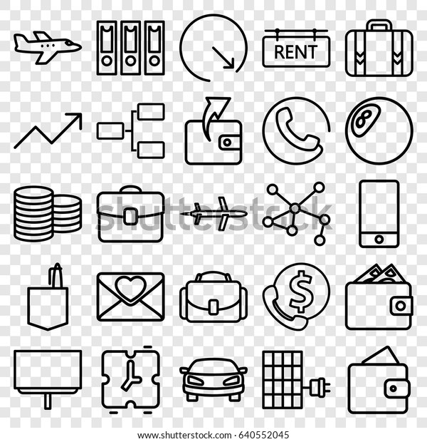 Business icons set. set\
of 25 business outline icons such as call, wallet, coin, wallet,\
office room, board, connection, love letter, phone, luggage,\
structure, camera\
case