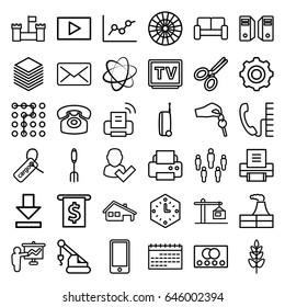 Business icons set. set of 36 business outline icons such as credit card, factory, printer, crane, pitchfork, plant, cargo tag, tv, download, desk phone, paper, phone