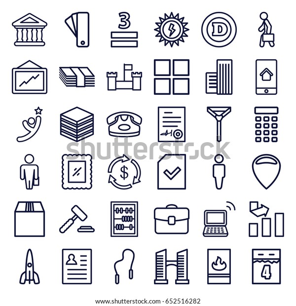 Business icons set.\
set of 36 business outline icons such as tag, bridge, man, desk\
phone, money, d letter, tie, graph, 3 allowed, cargo container,\
laptop, bank, file,\
abacus