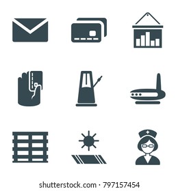 Business icons. set of 9 editable filled business icons such as mail, cargo box, nurse, router, carpet in the sun, pendulum, credit card, credit card in hand