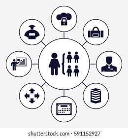business icons set. Set of 9 business filled icons such as perfume, structure, businessman, teacher, calendar, building, move, cloud protection