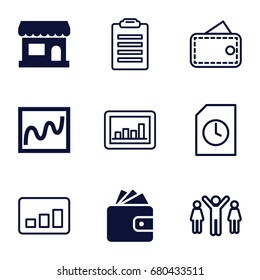 Business icons set. set of 9 business filled and outline icons such as wallet, store, graph, wallet, group of people and man celebrating victory, chart, check list