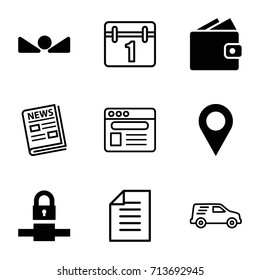 Business icons set. set of 9 business filled and outline icons such as arrow up, calendar, delivery car, browser, news, paper, location, wallet