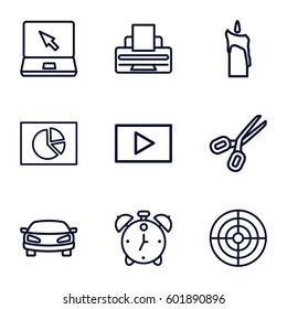 business icons set. Set of 9 business outline icons such as laptop, printer, play, candle, car, alarm, scissors, target