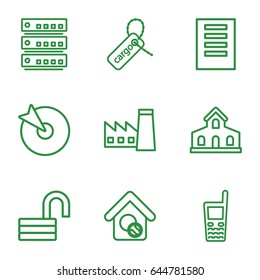 Business icons set. set of 9 business outline icons such as building, factory, opened lock, cargo tag, old phone, home search, server, target
