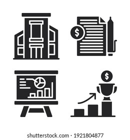 business icons set = apartment, contract, presentation board, goal. Perfect for website mobile app, app icons, presentation, illustration and any other projects.