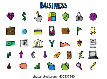 Business icons set. Big hand drawn collection. Vector stock illustration
