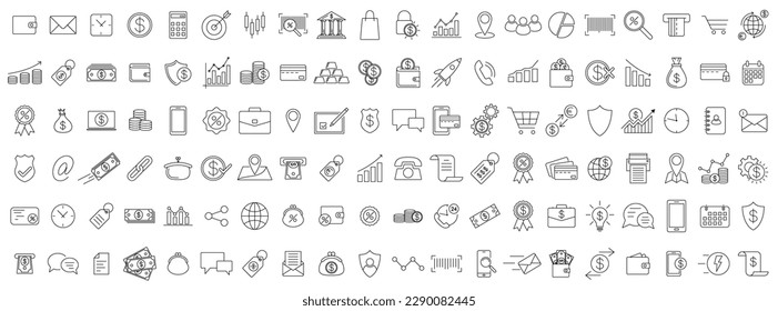 Iconos comerciales. Conjunto de iconos de negocios lineales negros sobre fondo blanco. Símbolos económicos. Ilustración del vector