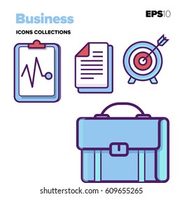 Business icons set. Blue and red color palette.