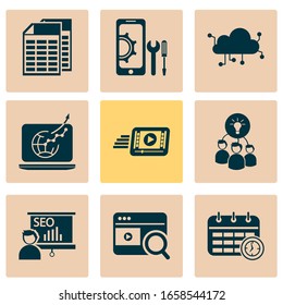 Business icons set with brainstorming, video search, traffic growth and other setup elements. Isolated vector illustration business icons.