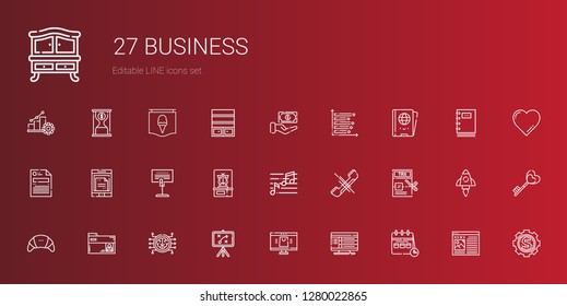 business icons set. Collection of business with calendar, computer, online shop, strategy, brain, folder, products, tax, phone, note, butterfly. Editable and scalable business icons.