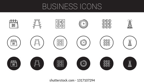 business icons set. Collection of business with calendar, stool, coins, wall clock, antenna. Editable and scalable business icons.