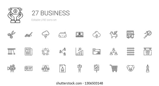 business icons set. Collection of business with carts, sale, chef, file, password, id card, camera, hierarchical structure, folder, profits. Editable and scalable business icons.