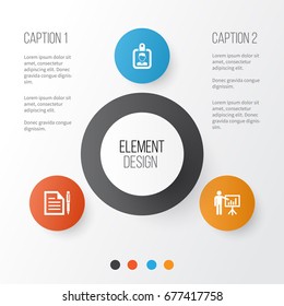 Business Icons Set. Collection Of Contract, Id Badge, Presenting Man And Other Elements. Also Includes Symbols Such As Presentation, Identification, Pen.