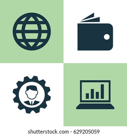 Business Icons Set. Collection Of Diagram, Leader, Earth And Other Elements. Also Includes Symbols Such As Statistics, Global, Screen.