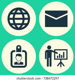 Business Icons Set. Collection Of Envelope, Earth, Id Badge And Other Elements. Also Includes Symbols Such As Global, Mail, World.