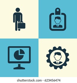 Business Icons Set. Collection Of Id Badge, Work Man, Statistics And Other Elements. Also Includes Symbols Such As Manager, Monitor, Work.