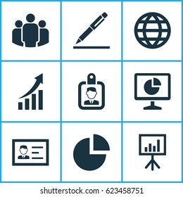Business Icons Set. Collection Of Identification, Increasing, Earth And Other Elements. Also Includes Symbols Such As Statistic, Arrow, Growing.