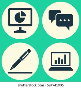 Business Icons Set. Collection Of Pen, Statistics, Chatting And Other Elements. Also Includes Symbols Such As Statistics, Conversation, Screen.