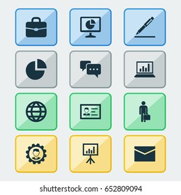 Business Icons Set. Collection Of Pie Bar, Identification, Chatting And Other Elements. Also Includes Symbols Such As Letter, Man, Circle.