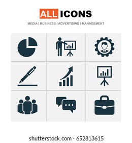 Business Icons Set. Collection Of Presenting Man, Chatting, Group And Other Elements. Also Includes Symbols Such As Group, Circle, Chart.