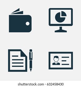 Business Icons Set. Collection Of Statistics, Identification, Contract And Other Elements. Also Includes Symbols Such As Card, Id, Billfold.