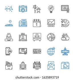 business icons set. Collection of business with web plugin, love letter, graphic, office building, files, airplane, earth grid, news, certificate. Editable and scalable business icons.