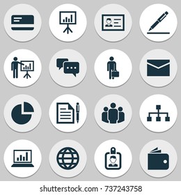 Business Icons Set. Collection Of Work Man, Identification, Group And Other Elements. Also Includes Symbols Such As Letter, World, Screen.